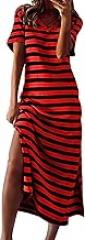 LFEOOST Women's 2024 Summer Maxi Dresses Short Sleeve V Neck Stripe Sundress Side Slit Loose Casual Long Beach T Shirt Dress