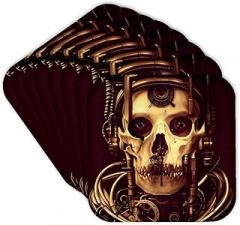 Set of 8 Coasters - Soft - Dark Fantasy Steampunk Skull and Mechanical, Electronic Gear Art Alexis Design - Skull