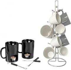 Evelots Fondue & Coffee Mug Gift Set - 2-Pack Mini Fondue Mugs + Chrome 8-Mug Holder Tree - Great for Chocolate, Cheese, Coffee & Tea Lovers