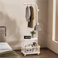 Movable Mental Clothing Rack, Freestanding Clothes Racks with Storage, Multifunctional Coat Rack with Wheels, Space-saving Hall Tree for Living Room, Bedroom(White)