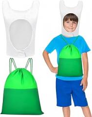 GANSHAYA 2 Pcs Halloween Adventure Costume White Bunny Ear Plush Hat and Green Drawstring Backpack Bag Anime Character Cosplay for Halloween Cosplay Party Dress Up