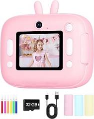 Mini Instant Print Camera for Kids with 1080HD Video, Built-in 32 Fun Borders & Games, Portable Roll Paper Printer, Christmas Birthday Gifts for Girls and Boys -Pink