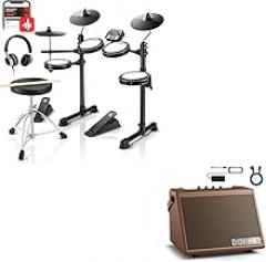 Donner DED-80 Electronic Drum Set with 4 Quiet Mesh Pads, 180+ Sounds, 2 Pedals, Throne, Headphones, Sticks, and Melodics Lessons Bundles with Donner Drum Amplifier 20W Wireless Brown Drum Speaker