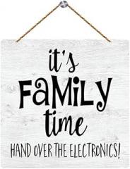 Wood Hanging Decor Sign It's Family Time Hand Over The Electronics Wood Wall Sign, Retro Farmhouse Home Decor Gift For Home Living Dining Bedroom Entryway Hallway 12X 12 Inch