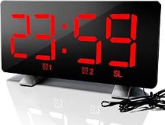 ThreeH Radio Digital Clock with USB Phone Charger 7.3'' LED Curved-Screen Display with Dimmer 2 Alarm Setting Radio Clock for Bedrooms Red