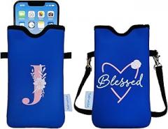 Tainada Neoprene Phone Sleeve Cell Pouch Case Bag w/Personalized Initial (Limited Popular Letters Available) for Women w/Crossbody Strap/Neck Lanyard for Most of Smartphones (Letter J Blue)