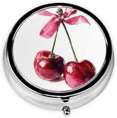 Pair of Cherries with Pink Bow Round Pill Case, Portable Pill Box for Pocket Metal Medicine Vitamin Organizer 3 Compartment Three Times A Day