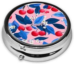 Blue Leaves White Flowers Red Cherries Round Pill Case, Portable Pill Box for Pocket Metal Medicine Vitamin Organizer 3 Compartment Three Times A Day