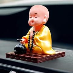 Little Buddha Solar Powered Nodding Buddha Statue Monk Figurine with Yellow Robe Car Dashboard Decor, 3.5 Inch Bobblehead Statue for Car or Home