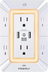 POWRUI Multi Plug 6 Outlet Surge Protector Extender with 3 USB Ports (1 USB C) and Night Light, 3-Sided Power Strip with Adapter Spaced Outlets, ETL Listed, White