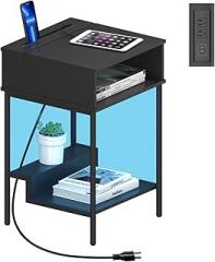 Side Table with Charging Station, LED Nightstand with 3-Layer Storage Shelves, End Table Bedside Table with USB Ports and Outlets Tablet Stand for Bedroom Living Room, Black