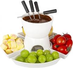 Fondue Set with 4 Dipping Bowls and 4 Forks, Ceramic Fondue Kit Premium Tea Light Porcelain Melting Pot for Cheese, Chocolate and Tapas