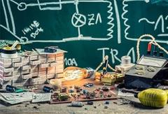 Leyiyi 7x5ft Vintage Physic Lab Backdrop Grunge Graffiti Blackboard Electronics Components Bulb Photography Background Scientist Experiment Cowboy Portrait Studio Prop Vinyl Banner