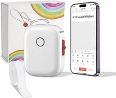 P12 Label Maker Mini Bluetooth Label Printer Portable Thermal Sticker Machine for Storage Barcode Office Home (White Printer+1 Tape)