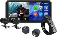 Motorcycle GPS Screen with 1080P HD Dash Cam Front and Rear with Carplay and Android Auto 6.25in IP67 Bluetooth Audio Receiver Support WiFi Loop Recording Hands-Free Calling Tire Pressure Monitoring
