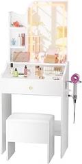 Small Vanity Desk with Lighted Mirror, Makeup Vanity Set with Lights, Drawers, Charging Station, Storage Bench, Open Shelf, Dressing Table for Small Room, Vanities for Girl & Kids, White