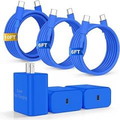 iPhone 17 16 Pro Max Charger Fast Charging, 45W Super Fast USB C Chargers for iPhone 17(6FT+6FT+10FT) Type C Chargers Cord with Fast Charger Block for iPhone 17/16/15 Series/iPad/ GalaxyS25/S24 Blue
