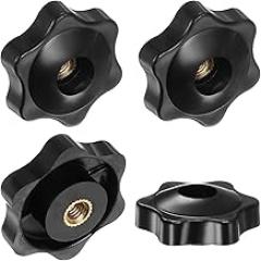 4-Pack 6 Star Knobs, M5 Female Thread 31mm Hexagon Head Through Hole Clamping Grip Handles for Machinery/Electronic/Woodworking, Brass Screw-On Threaded Knob [Black]