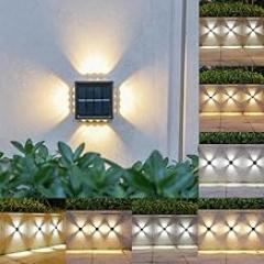 Outdoor Solar Light 4 Way Wall Fence Decor Light Outdoor Two Way Up Down Waterproof Solar Led Wall Decor Lamp Auto On Off Light Sensor Wall Mount Solar Light-Warm Yellow (1)