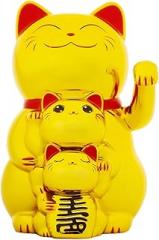 Automatic Waving Solar Lucky Cat for Family of Three Checkout Counter Decoration Energy Saving Plastic Plus Electronic Components (Gold)