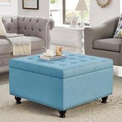 Large Square Storage Ottoman with Solid Wood Legs, Button-Tufted Upholstered Top and Nailhead Trim for Living Room or Bedroom (Light Blue + Linen + Foam)