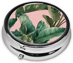Banana Leaves Pattern Round Pill Case, Portable Pill Box for Pocket Metal Medicine Vitamin Organizer 3 Compartment Three Times A Day