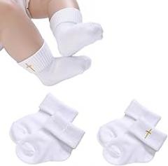 Newborn Baptism Socks Infant Turn Cuff White Christening Cotton Sock With Eyelet Ruffle Lace and Cross, 0-12 Months
