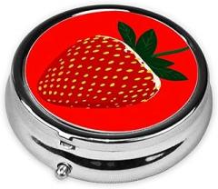 Red Strawberry Simple Minimalist Style Round Pill Case, Portable Pill Box for Pocket Metal Medicine Vitamin Organizer 3 Compartment Three Times A Day