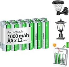 Rechargeable AA Batteries 12 Count, 1.2V Ni-MH 1000mAh Pre-Charged High Capacity Double A Batteries - Ideal for Solar Lights, String Lights & Home Devices
