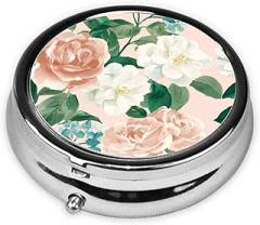 Vintage Valentines Day Roses White Flower Round Pill Case, Portable Pill Box for Pocket Metal Medicine Vitamin Organizer 3 Compartment Three Times A Day