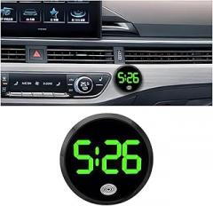 Car Dashboard Digital Clock, Stick On Luminous Small Vehicle Electronic Watch with LED Time Display, Touch Activated Round Automotive Clock, Universal for Sedan SUV Truck (Green)