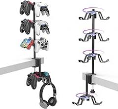 Rotatable 4 Tier Desk Clamp Controller Headset Stand, Universal Under Desk Controller Holder Rack for PS5 Xbox Nintendo Switch PC PS4, Aluminum Gaming Headphone Hanger, Black