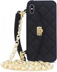 Omio for iPhone Xs Max Handbag Case with Card Holder Wrist Lanyard Strap Soft Silicone Wallet Cover for Women Girls Luxury Stylish Long Pearl Crossbody Chain Shell, Black