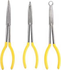 SAFIGLE 11-inch Extended Needle Nose Pliers Set 3pcs – Straight, 45° and 90° Bent Tips – Multi-angle Precision Long Nose Pliers for Electronics, Jewelry, and Household Use
