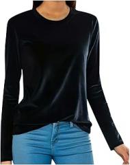 SMIDOW Velvet Tops for Women Long Sleeve Round Neck Shirt Blouse Pullove Solid Casual Tee Shirt Trendy Velvet Tops