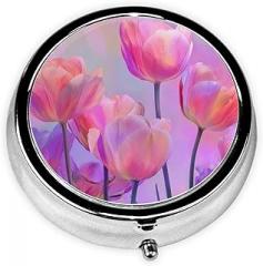 Pink Tulips Flower Round Pill Case, Portable Pill Box for Pocket Metal Medicine Vitamin Organizer 3 Compartment Three Times A Day