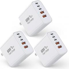 3 Pack Apple 17 Pro Max Charger Fast Charging,PD 60W 5 in 1 Multiport USB C Wall Charger Block Fast Charging, iPhone 16 Plug Cube Quick Charge for iPhone17 Air/16/16e/16 Pro/15Pro Max/14/13/12/11/iPad