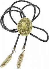 Pyasuye Mens Bolo Tie Cowboy Necktie Vintage Leather Rope Necklace with Metal Wolf Head Feathered Pendant Jewelry Shirt Chain