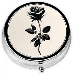 Black and White Rose Round Pill Case, Portable Pill Box for Pocket Metal Medicine Vitamin Organizer 3 Compartment Three Times A Day