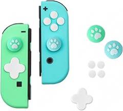 Jusy Cross D-Pad Button Caps Thumb Grips Set, Compatible with Nintendo Switch/OLED/Switch Lite, Cute 3D Soft Silicone ABXY Buttons Sticker Joystick Cover Caps, Green Blue Cat Paw
