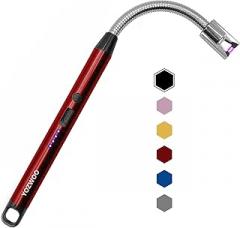 YOZWOO Electric Arc Lighter with LED Display and Flexible Neck - Flameless, Windproof, Rechargeable USB-C Lighter for Outdoor Camping, Barbecue, Fireworks (Red)