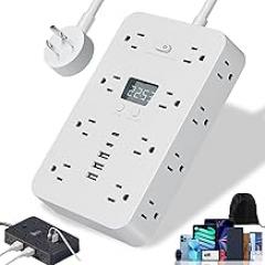 16-in-1 Power Strip with Switch & Surge Protection, 6-Outlet Power Strip with 3 USB Ports (2 USB-C) & Time Display, Multi-Plug Outlet Splitter, 5ft/10ft Extension Cord for Home Travel (White, 5ft)