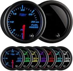 GlowShift Tinted 7 Color 30 PSI Fuel Pressure Gauge Kit for Diesel Trucks - Includes 1/8-27 NPT Electronic Sensor & Wiring - Multi-Color Display - Black Dial - Smoked Lens - 2-1/16