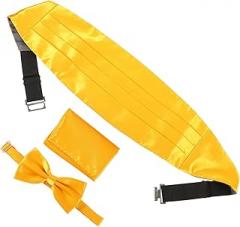 Milisten Men’s Smooth Satin Cummerbund Bow Tie and Handkerchief Set, Formal Tuxedo Accessories for Weddings, Parties, Proms, Yellow Three-piece Suit Set