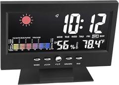 Pwshymi Black Color Weather Forecast Alarm Clock, Display Time Date Temperature Humidity, Electronic Temperature Clock, Features Countdown Function, Voice Control Backlight