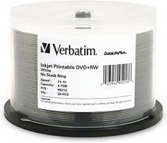 Verbatim DVD+RW 4.7GB 120Min Up to 4X Blank Discs Rewritable Up to 1000 times DataLifePlus White Inkjet Printable - 50pk Spindle