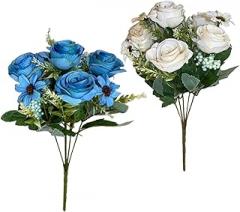 Milisten Artificial Rose Bouquet 2 Bundles Faux Flowers for Wedding Scene Layout and Dining Table Centerpiece, White and Blue Decorative Artificial Plants for Indoor Outdoor Home Décor