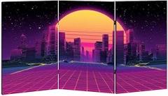 2 Ft Room Divider Screen Sci fi Night City Skyline Style Retro Waves Portable Short Canvas Folding Screen 3 Panel Freestanding Separator Privacy Partition Indoor Home Office