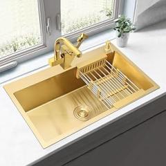 Kitchen Sink Above Counter Or Undermount 304 Stainless Steel Single Bowl Goldn Basket Drainer Soap Dispenser Washing Basin(55x45cm-A6)