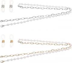 Milisten 2pcs Beaded Eyeglass Chains for Women, Non-slip Pearl Glasses Holder Necklace with Geometric Asymmetric Cross Design, Gold and Silver Set for Stylish Eyewear Accessories